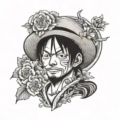 Luffy Nika Mode With Flowers In Background Black And White