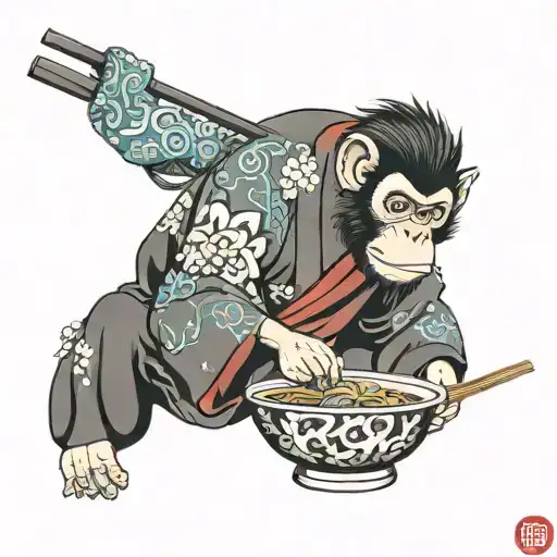 3 Eyes Monkey Wear Kimono Eating Ramen Bowl
