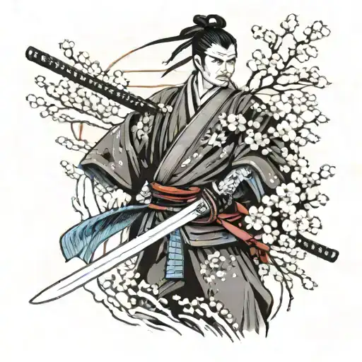 Shogun With A Katana Sword Surrounded By Sakura