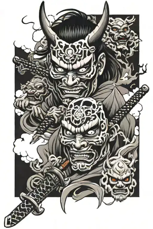 Katana And Oni Mask Surrounded