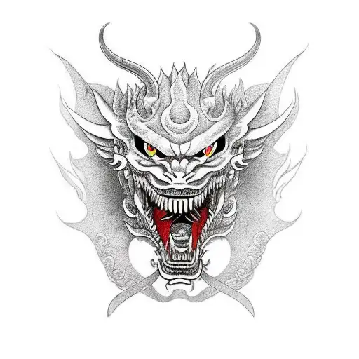 Hannya Mask Split In Half With Dragon Head On Other Side In Half