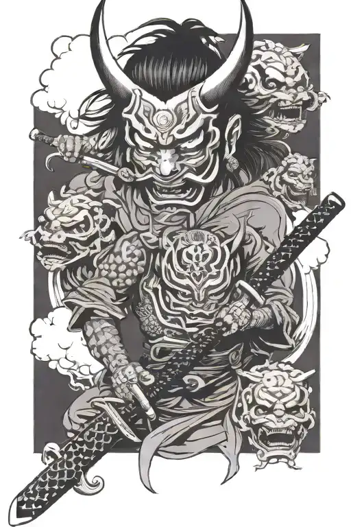Katana And Oni Mask Surrounded