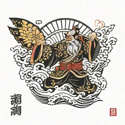 Yamabushi Tengu With Fan And Black Sea Waves