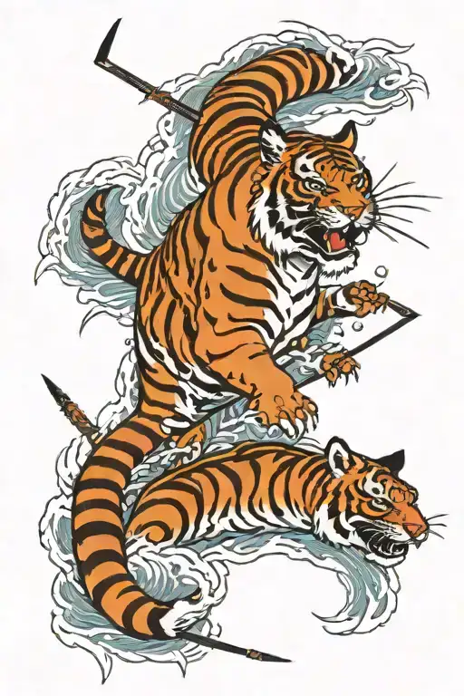 A Tiger Alongside Two Fish With An Arrow Passing Through Them