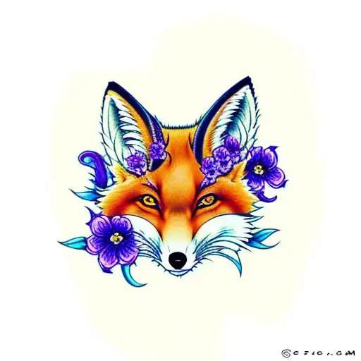 Kitsune Fox Full Body With Iris Flowers Around It