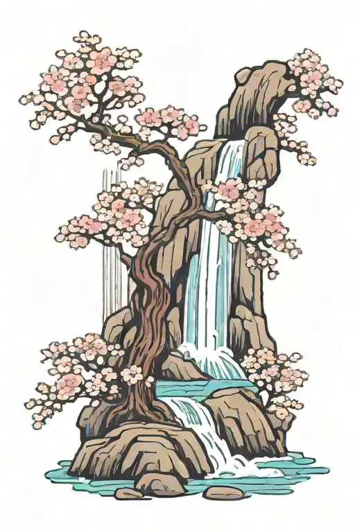 Cherry Blossom Tree In Bloom With A Waterfall In The Background