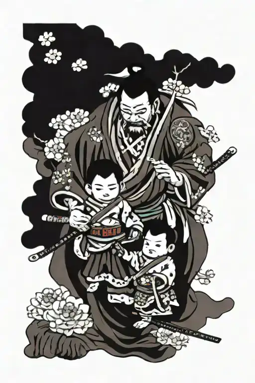 Samurai With Child And Wife Holding Hands Holding