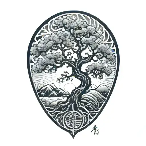 Tree Of Life With Japanese Sun In The Corner