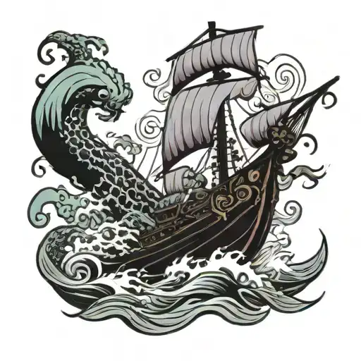 Kraken Pulling A Ship Sailing Through Stormy Seas