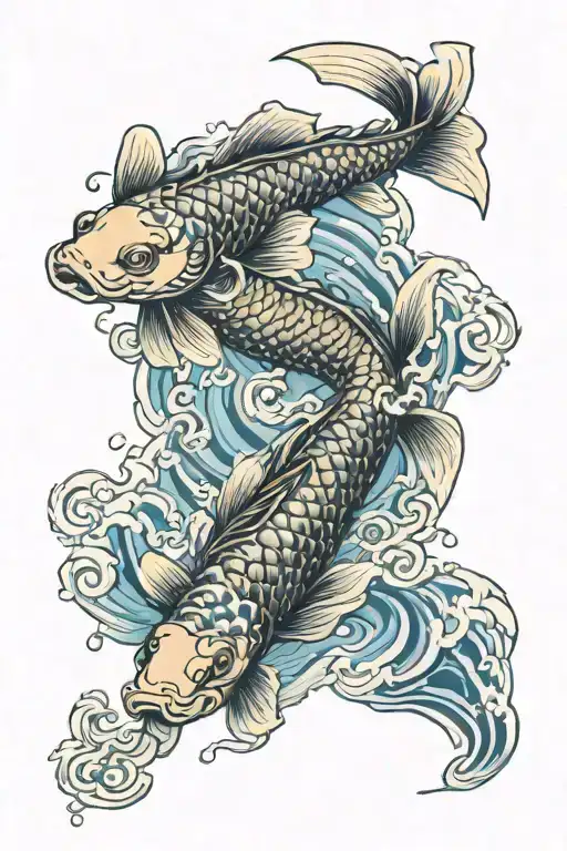 Koi Fish Swimming Upstream Into Dragon Wrapped