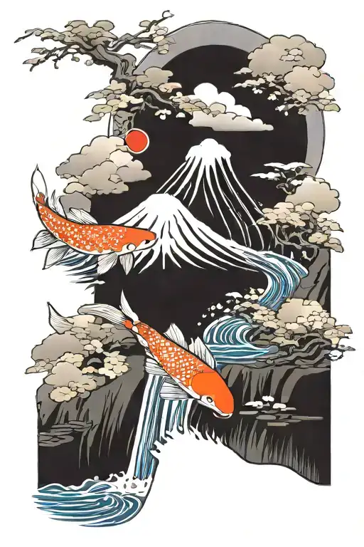 Mount Fuji With Waterfall And 3 Koi Fish