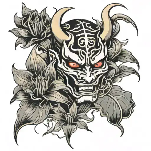 Japanees Hannya Mask Surrounded With Spider Lilly's
