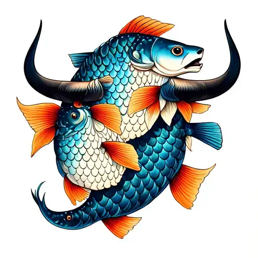 Fish Scales With 3 Fish And A Taurus Head Mixed Into It