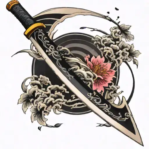 Katana With Sakura And Waves