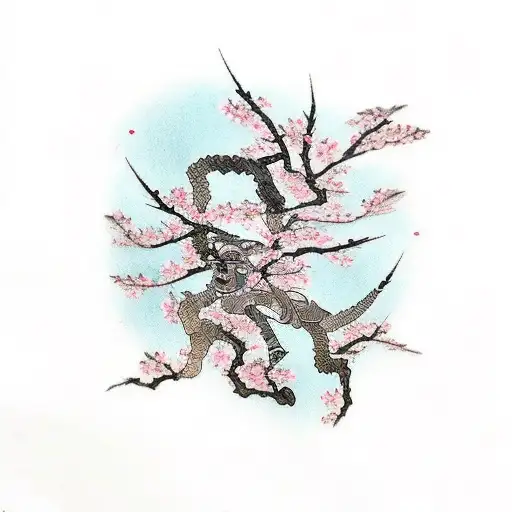 Cherry Blossom With Samurai And Chinese Traditional House