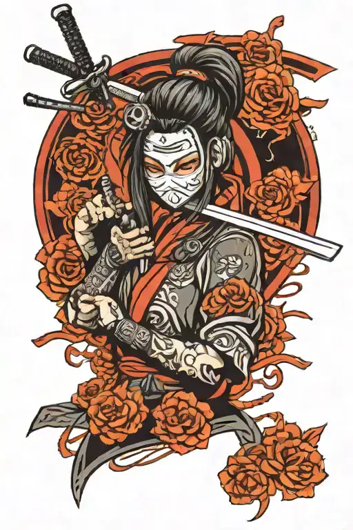 Girl In A Mask With A Katana In Her Hands Cyberpunk