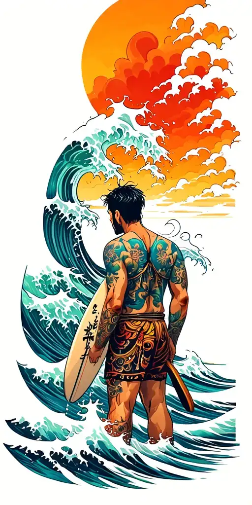 Man With Surfboard Looking Out To Ocean Where A Wave Morphs Into Posedian