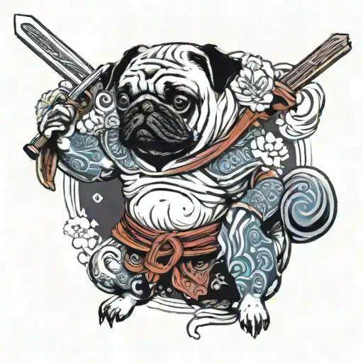 A Pug Samari Warrior Wielding A Sword