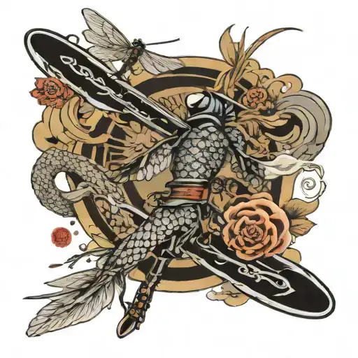 Katana And Dragonfly Flying