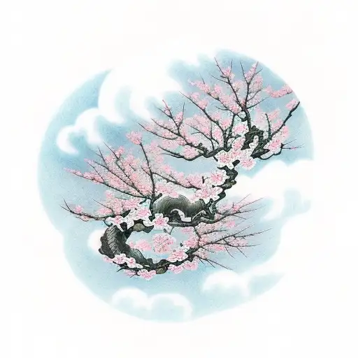 Cherry Blossom On A Cloud With Pedals Falling Through The Cloud