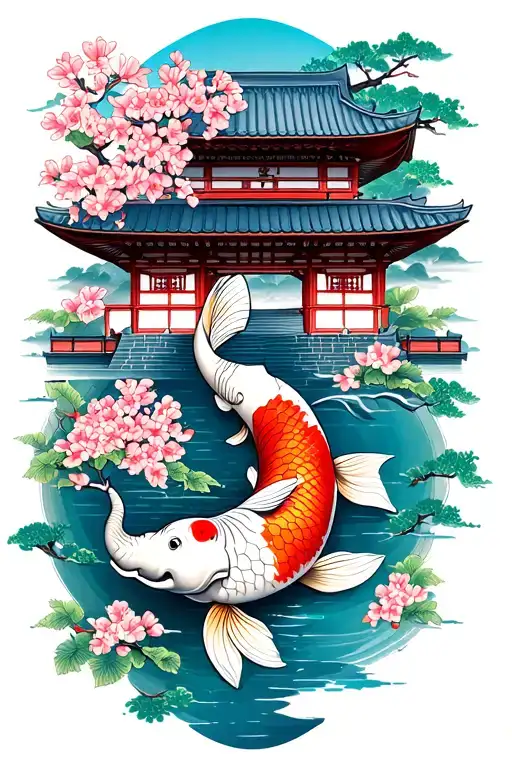 Japanese Temple Elephant Cherry Blossom Koi Fish