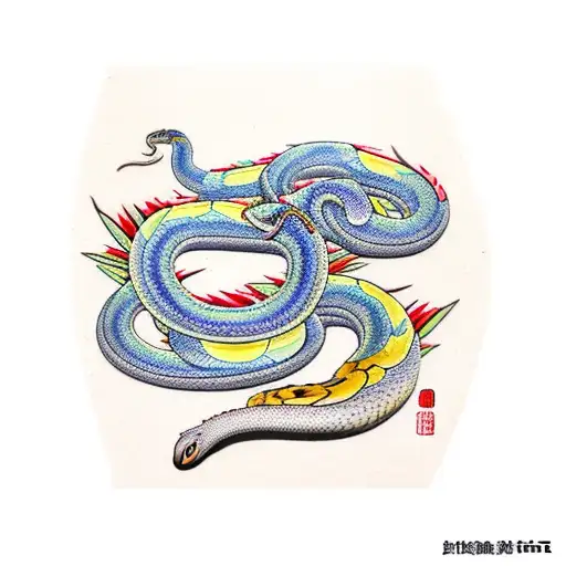 Angry Colorful King Cobra Snake With Some Bamboo Leaves Around Him