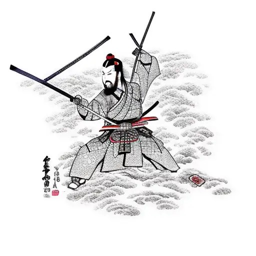 Samurai With Katana And Japanese Words