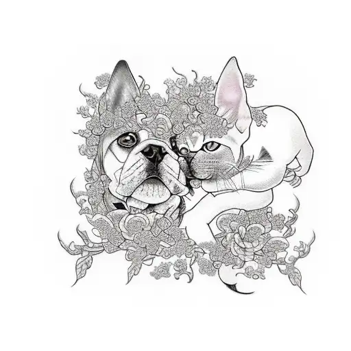 An Intricate Realistic Tattoo Of A Dog And Cat Intertwined With Vines And Flowers