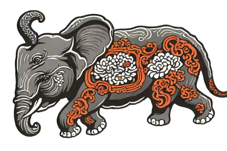 Small Elephant With 3 Heads Surrounded By Traditional Waves
