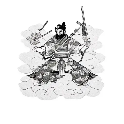 Samurai With 3 Swords With Cherry Blossom Background