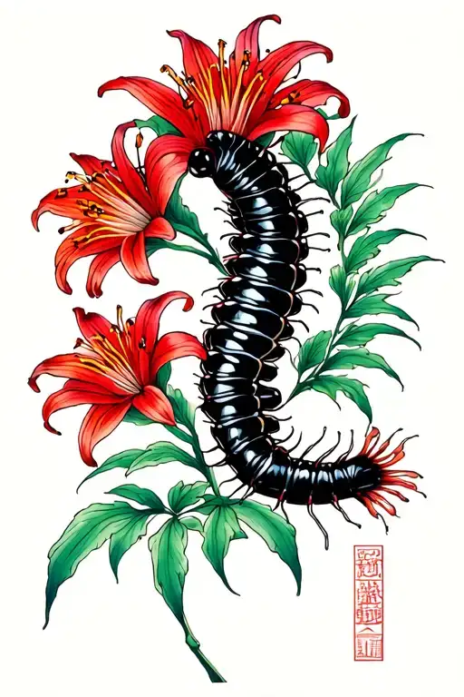 Red Spider Lily Flowers With A Centipede Spiralling