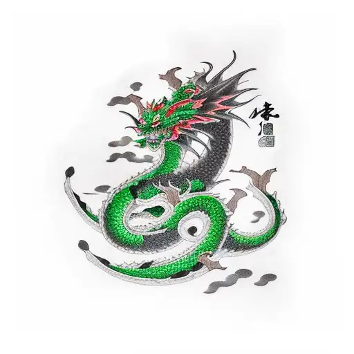 Green And Black Japanese Dragon Wraping Around Left Leg And Up Around Check And Neck