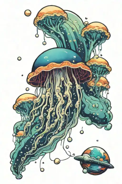Jellyfish Floats In Space Between Planets Of Bubbles