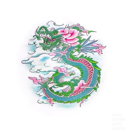 Green Dragon With Flowers And Clouds