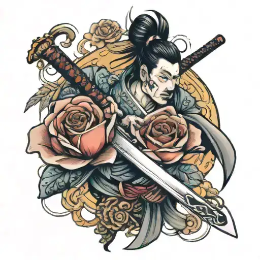 Samurai Sword And Rose Intertwined