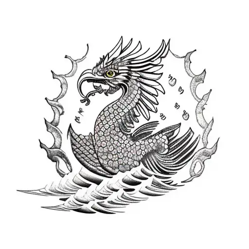 A Liver Bird Emerging From The Sea In A Blackwork Style