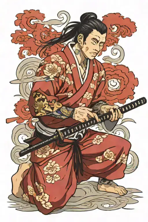 Samari Kneeling While Holding His Katana And Looking Down