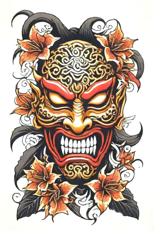 Japanese Oni Mask With Spider Lillies Growing Around