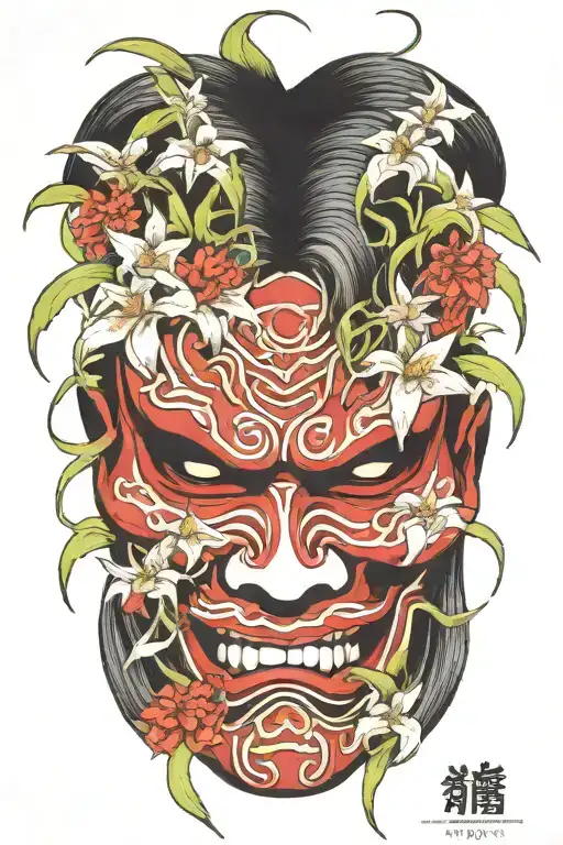 Japanese Oni Mask Featuring Spider Lillies Growing Around