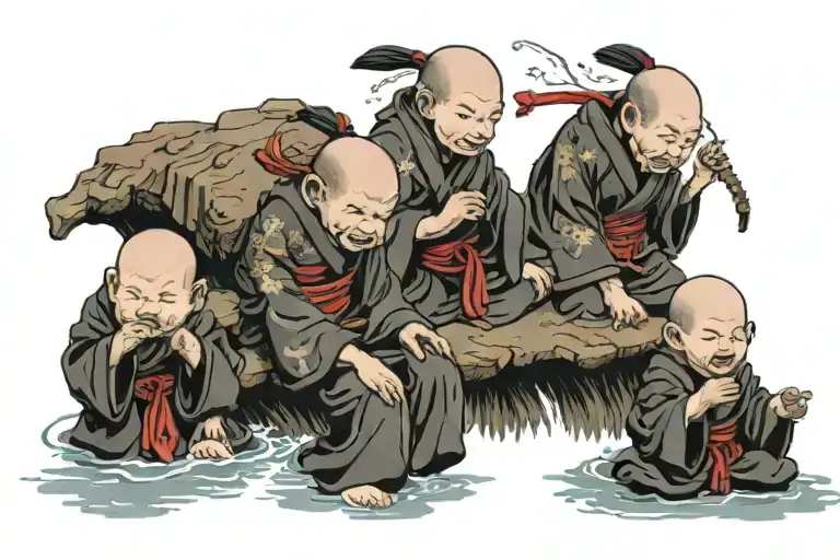Three Baby Monks With Laugh Anger And Calm Waters