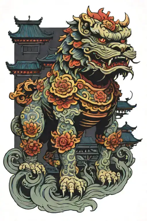 Large Asian Foo Dog Standing Guard Over A Martial Art School At Night In The Rain
