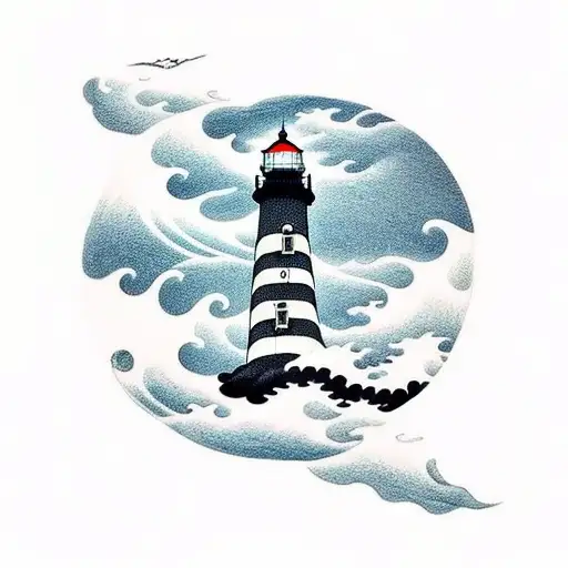 Black And White Lighthouse With Waves And Clouds And Mountains