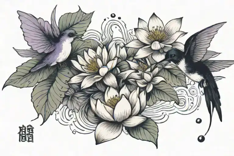 Violet And Water Lily With A Hummingbird Hovering