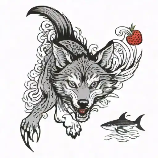 Crawling Wolf With Shark Tail With Strawberries On The Mouth