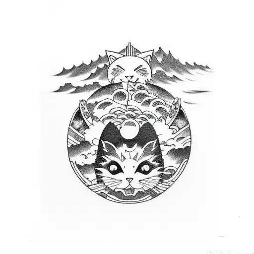 Black And White Cat Waves Rising Sun Japanese