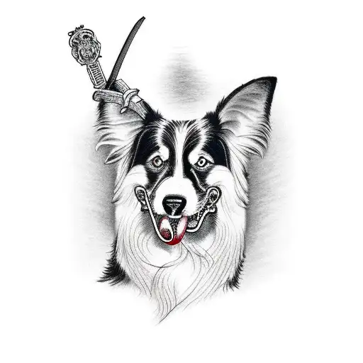 A Border Collie Dog Holding A Katana In His Mouth