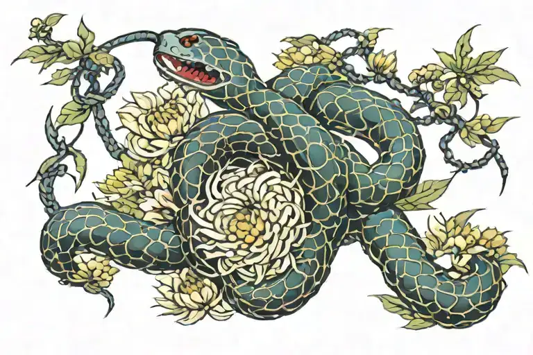 Chrysanthemum Wrapped Around A Barbed Wire With A Snake Around