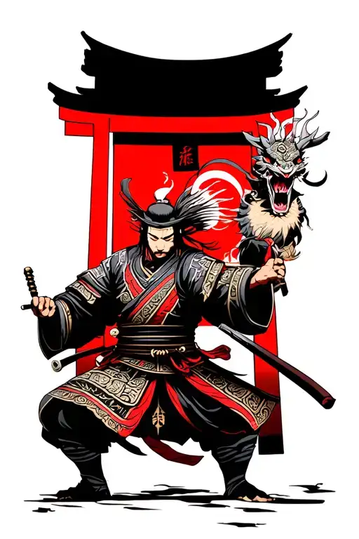 Samurai In A Tori Gate Fighting Demons