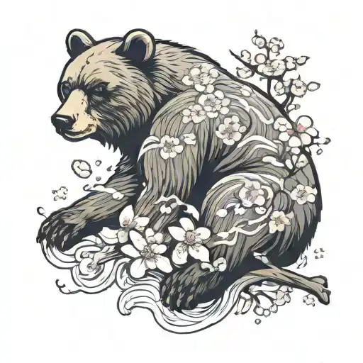 Bear Behind Cherry Blossom Petals Falling