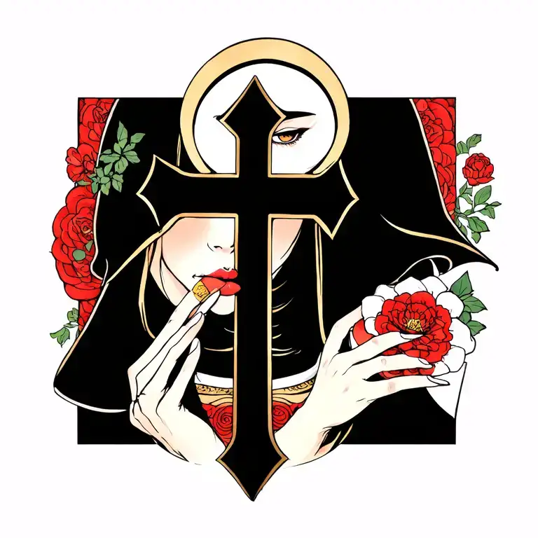 Whore Nun Biting Cross Tattoo Design Featuring